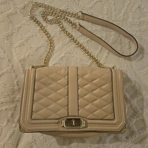 Rebecca Minkoff cream quilted crossbody bag with gold chain strap